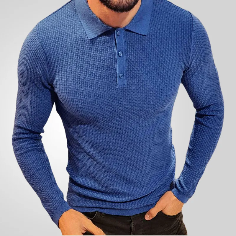 Men Fashion Street Tide Solid Color Long Sleeve Lapel Knitted Pullover Shirt