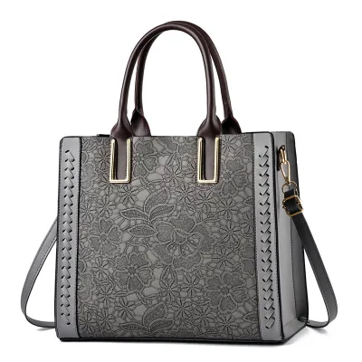 Vintage Embroidered Large Capacity Handbags PU Zipper Vertical Square