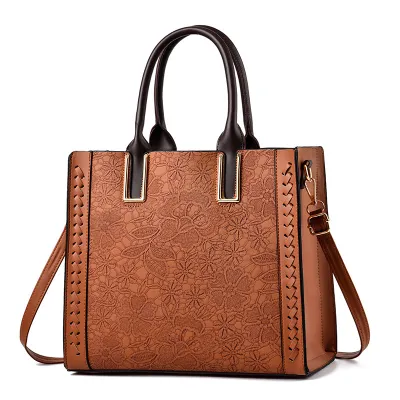 Vintage Embroidered Large Capacity Handbags PU Zipper Vertical Square