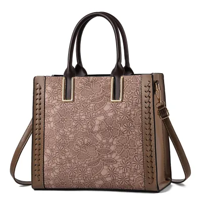 Vintage Embroidered Large Capacity Handbags PU Zipper Vertical Square