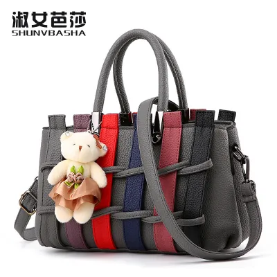 Fashionable Color-Contrast Stitching Large-Capacity PU Handbag with Zipper Closure