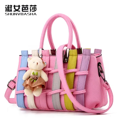 Fashionable Color-Contrast Stitching Large-Capacity PU Handbag with Zipper Closure