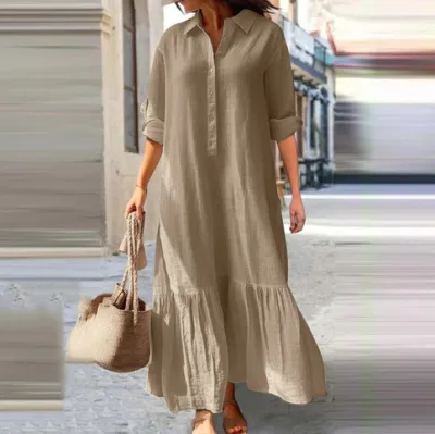 Women Casual Plus Size Cotton Linen Lapel Maxi Dress