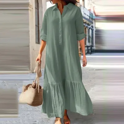 Women Casual Plus Size Cotton Linen Lapel Maxi Dress