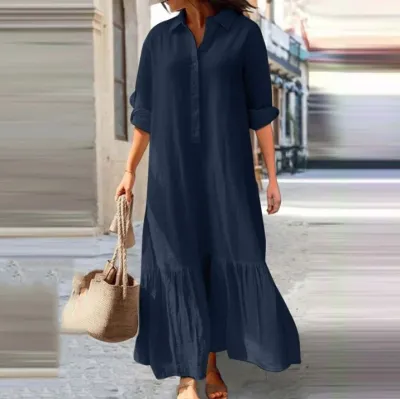Women Casual Plus Size Cotton Linen Lapel Maxi Dress