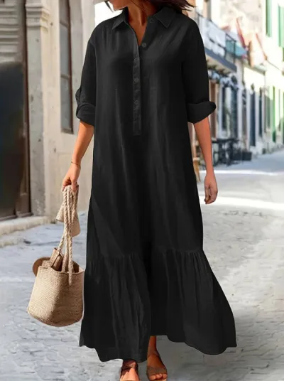 Women Casual Plus Size Cotton Linen Lapel Maxi Dress
