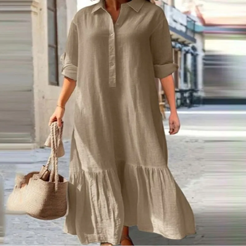 Women Casual Plus Size Cotton Linen Lapel Maxi Dress