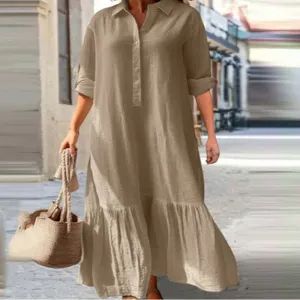 Women Casual Plus Size Cotton Linen Lapel Maxi Dress