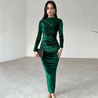 Women Fashion Solid Color Wrinkle Resistant Crewneck Long Sleeve Slim Dress