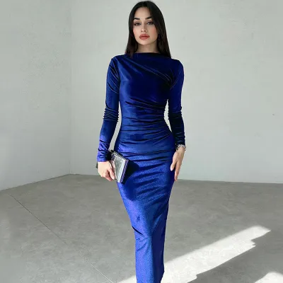 Women Fashion Solid Color Wrinkle Resistant Crewneck Long Sleeve Slim Dress