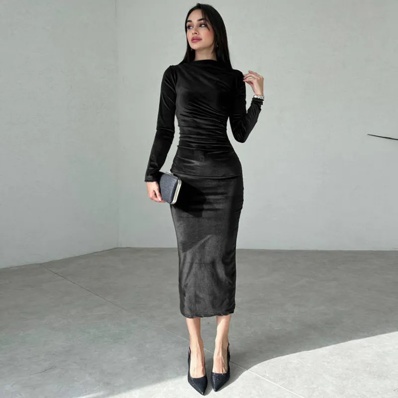 Women Fashion Solid Color Wrinkle Resistant Crewneck Long Sleeve Slim Dress