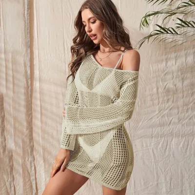 Summer Women Sexy Hollow Knitted Long Sleeve Bikini Swimwear Sun Protection Cover-Ups