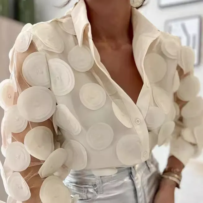 Women's Mesh Blouse with Floral Pattern and Long Sleeves