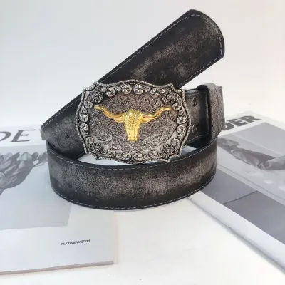 Western Xow Head Buckle Stream Vintage Men Imitation Leather Belt
