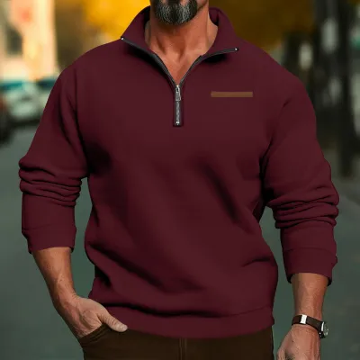 Men Plus Size Winter Fleece-Lined Half Zipper Stand Collar Solid Color Casual Pullover Sweatshirt