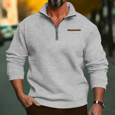 Men Plus Size Winter Fleece-Lined Half Zipper Stand Collar Solid Color Casual Pullover Sweatshirt