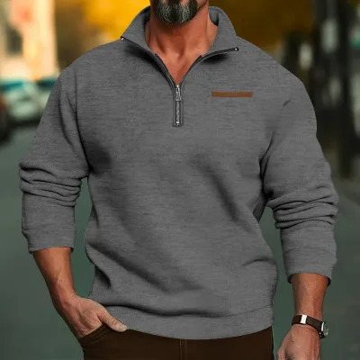 Men Plus Size Winter Fleece-Lined Half Zipper Stand Collar Solid Color Casual Pullover Sweatshirt