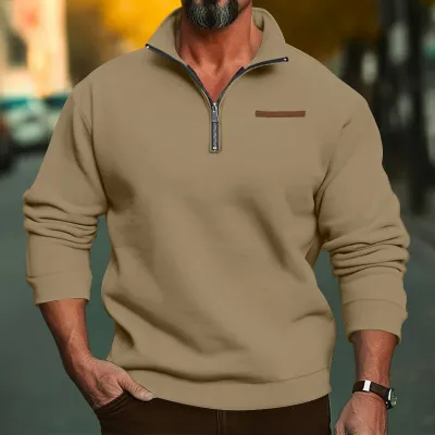 Men Plus Size Winter Fleece-Lined Half Zipper Stand Collar Solid Color Casual Pullover Sweatshirt
