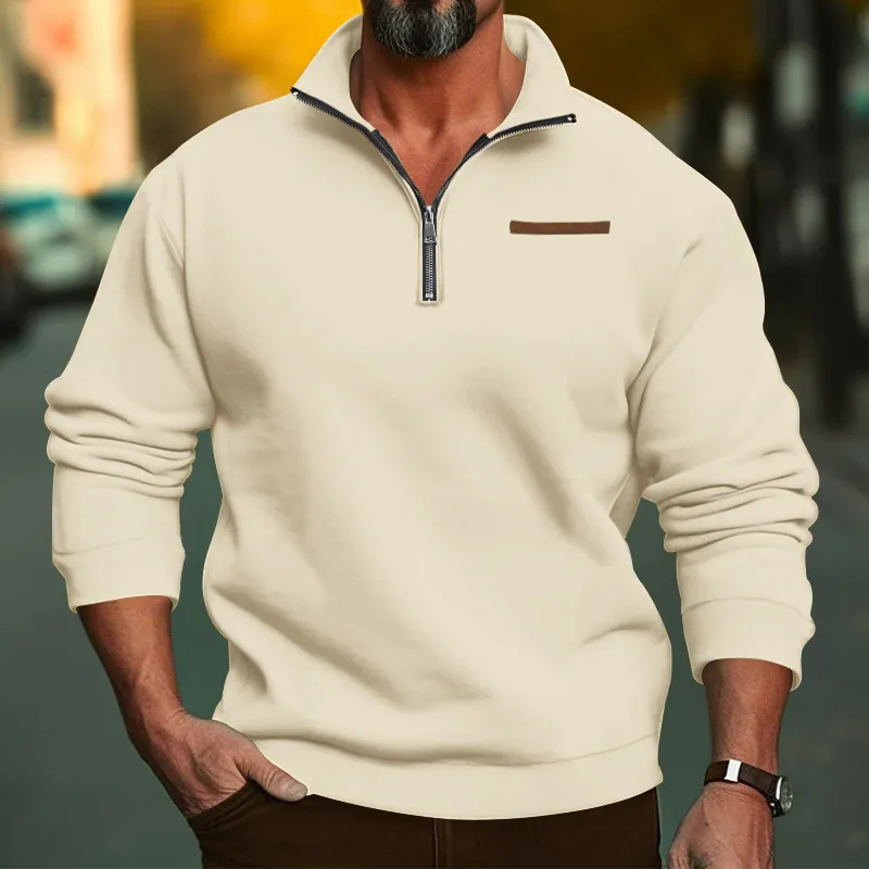 Men Plus Size Winter Fleece-Lined Half Zipper Stand Collar Solid Color Casual Pullover Sweatshirt