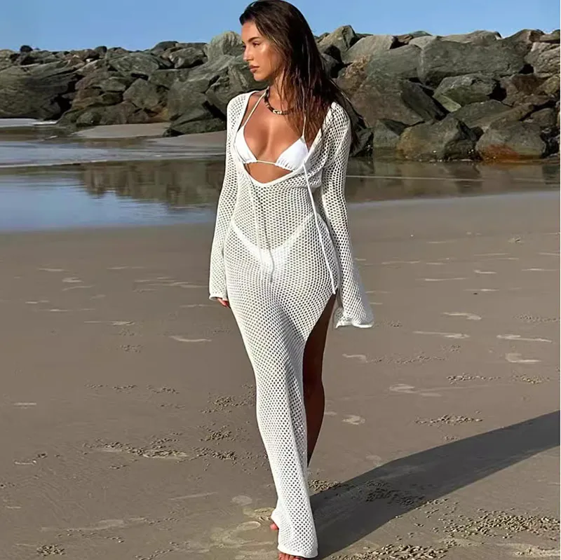 Summer Beach Sunscreen Sexy Knitted Hollow Seaside Holiday Cover-Up Dress