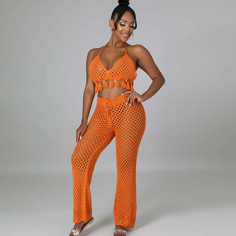 Women Hollow Knitted Tassel Two-Piece Beach Coverup Set