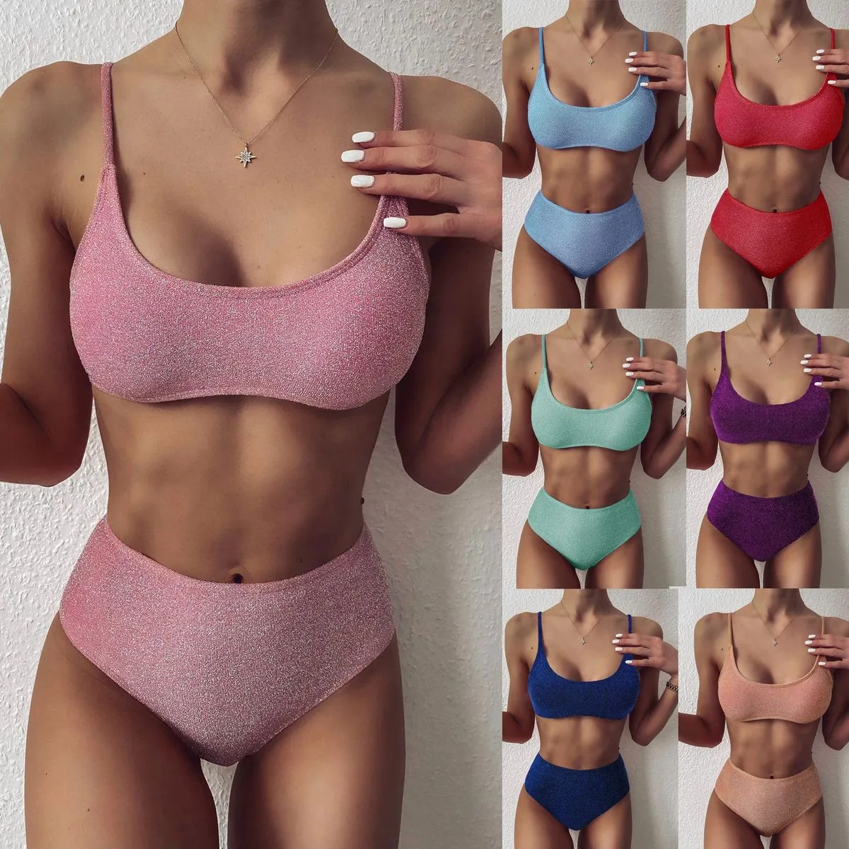 Women High Waist Glitter Bikini Swimsuit Solid Color
