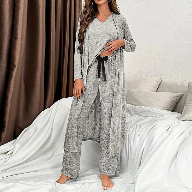 Women Casual Solid Color Pajamas Three-Piece Set