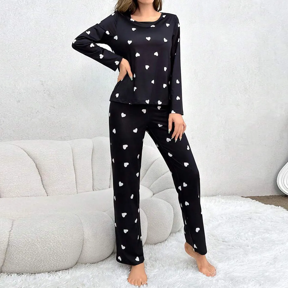 Women Casual Heart Print Pajamas Long Sleeve Two-Piece Set