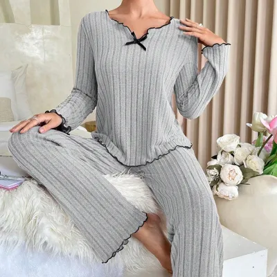 Women Casual Solid Color Wood-Ear Pajamas Two-Piece Set