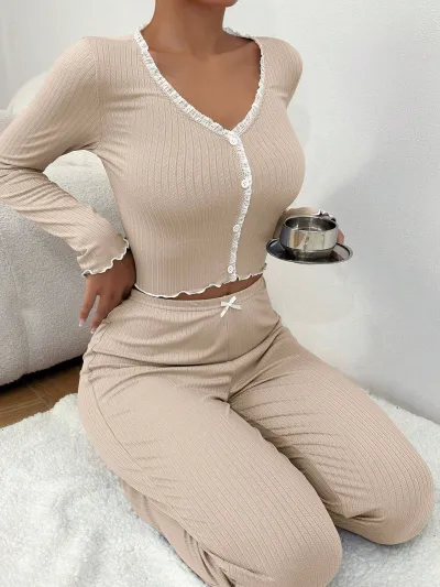 Women Casual Solid Color Lace Pajamas Loungewear Set