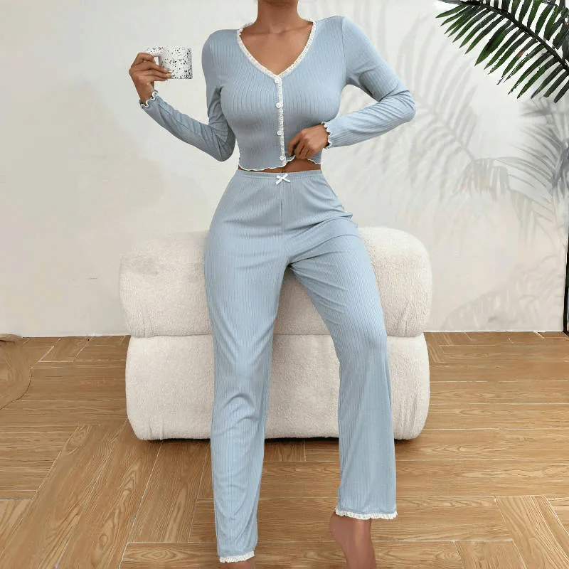 Women Casual Solid Color Lace Pajamas Loungewear Set