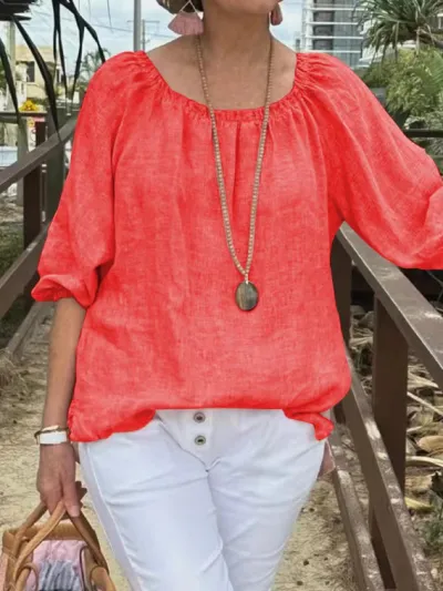 Women Casual Solid Color Round Neck Cotton Linen Plus Size Top