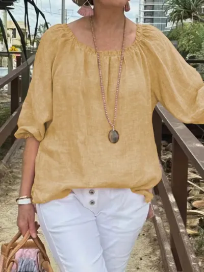 Women Casual Solid Color Round Neck Cotton Linen Plus Size Top