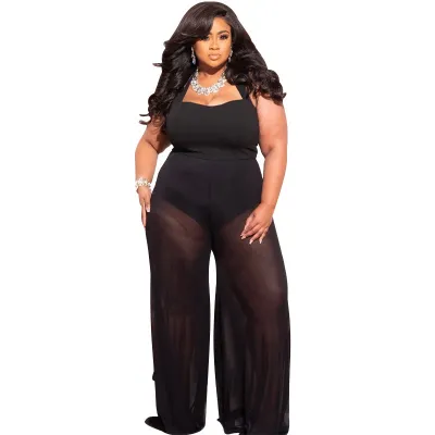 Plus Size Women Fashion Perspective Wide-Leg Jumpsuit