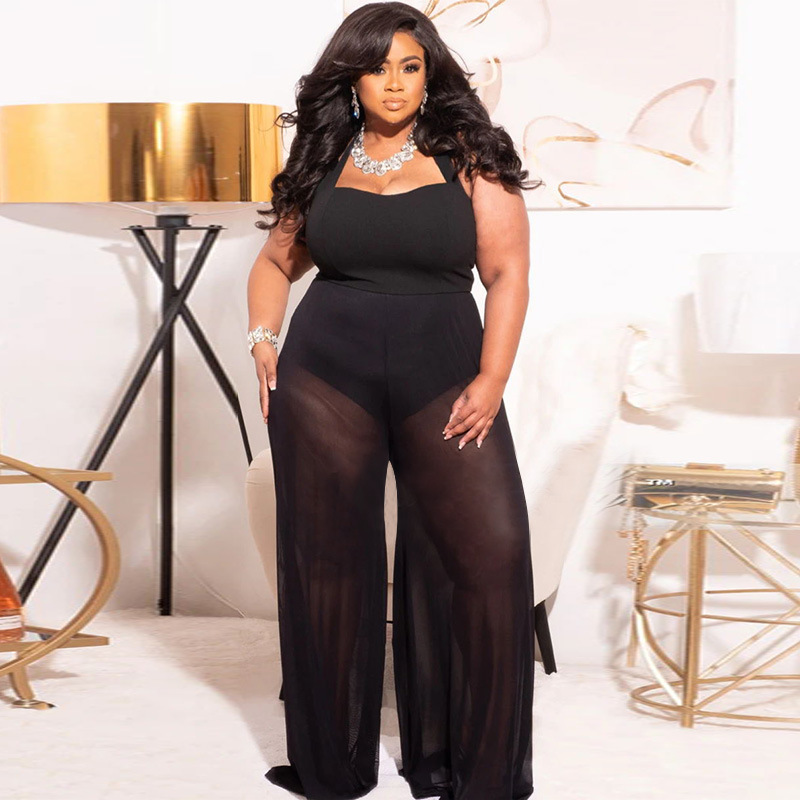 Wholesale Plus Size Women Fashion Perspective Wide-Leg Jumpsuit