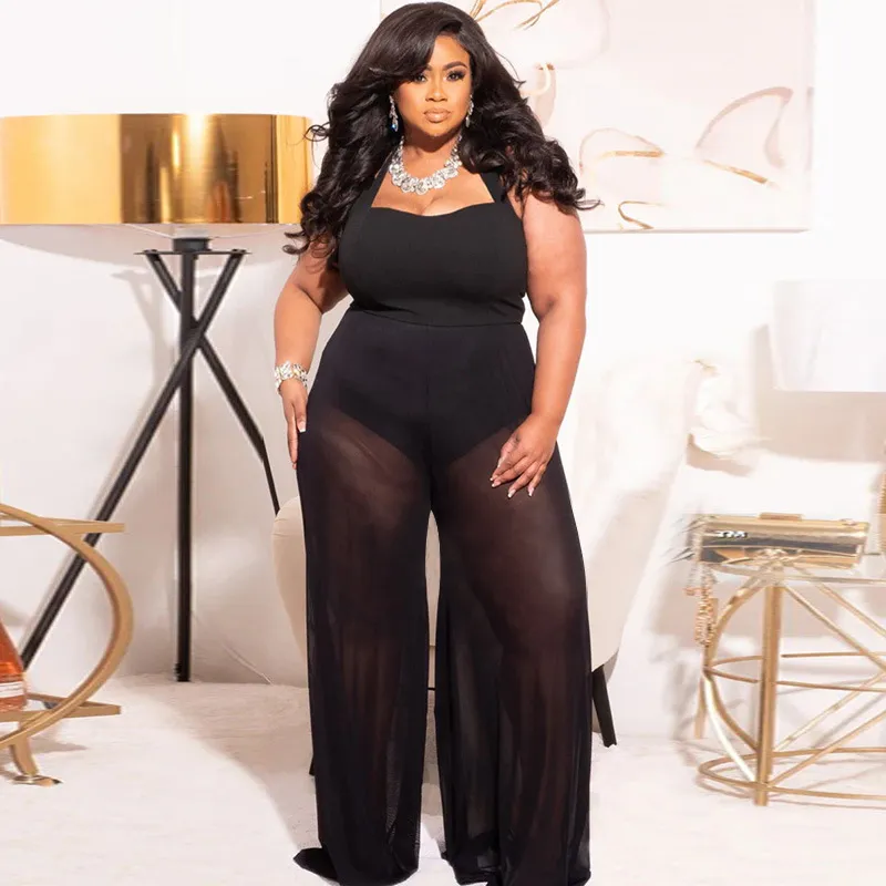 Plus Size Women Fashion Perspective Wide-Leg Jumpsuit