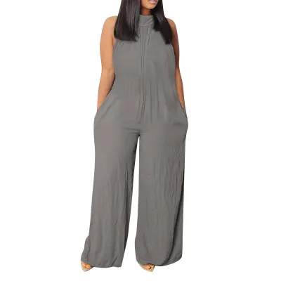 Summer Women Solid Color Sleeveless Plus Size Wide-Leg Jumpsuit