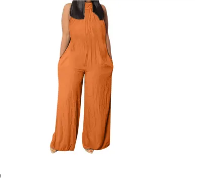 Summer Women Solid Color Sleeveless Plus Size Wide-Leg Jumpsuit