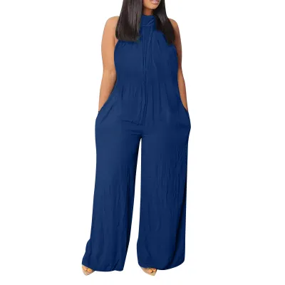 Summer Women Solid Color Sleeveless Plus Size Wide-Leg Jumpsuit