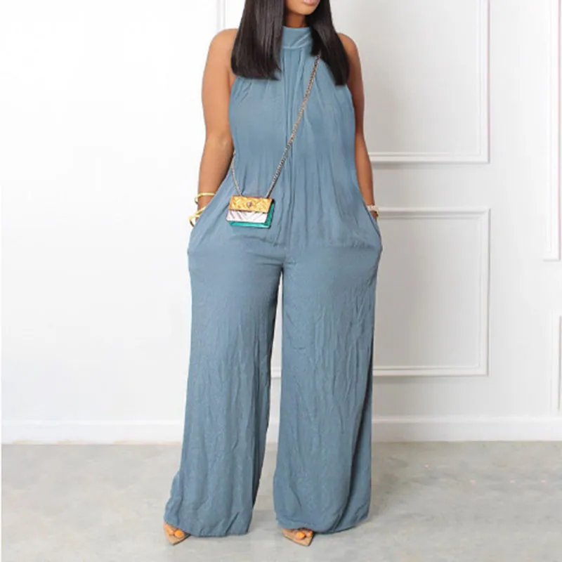 Summer Women Solid Color Sleeveless Plus Size Wide-Leg Jumpsuit