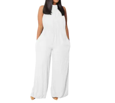 Summer Women Solid Color Sleeveless Plus Size Wide-Leg Jumpsuit
