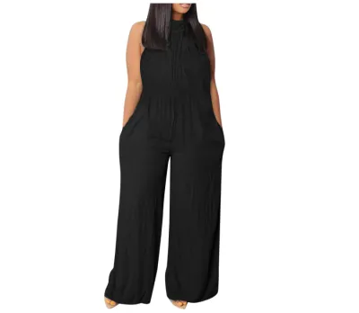 Summer Women Solid Color Sleeveless Plus Size Wide-Leg Jumpsuit