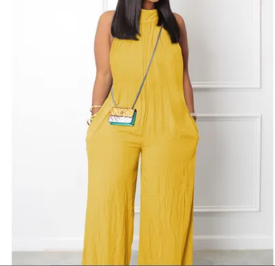 Summer Women Solid Color Sleeveless Plus Size Wide-Leg Jumpsuit