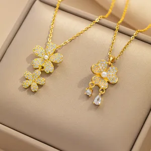 Fashion Rhinestone Flower Design Titanium Steel Necklace