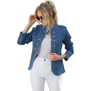 Women's Slim Fit Denim Jacket with Long Sleeves and Single-Breasted Vertical Collar
