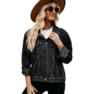 Women Slim Fit Denim Jacket Coat with Lapel Collar