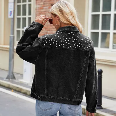 Women Slim Fit Denim Jacket Coat with Lapel Collar