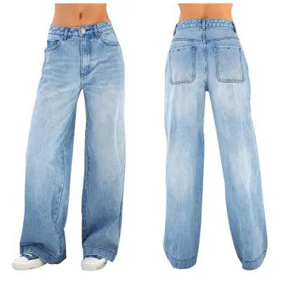 Women Fashion Straight Leg High Waist Jeans