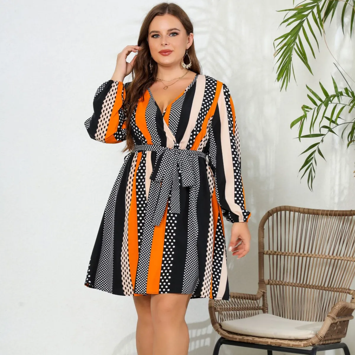 Plus Size Women Sexy V-Neck Stripe Printed Long Sleeve A-Line Dress