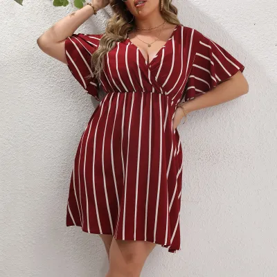 Women Plus Size Urban Wind Stripe V-Neck Horn Sleeve Midi Dress